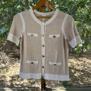 Ecru Women's Beige And White Knit Short Sleeve Cardigan Size S